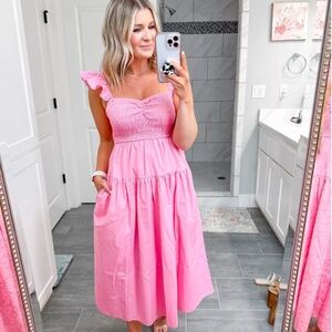 Abercrombie & Fitch Green Pink Ruffle Strap Smocked Midi Dress S